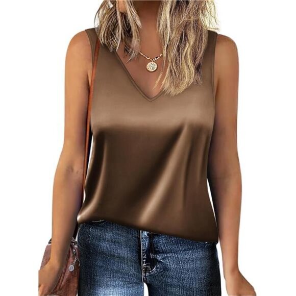Tops - Women Satin Tank Tops V Neck Brown